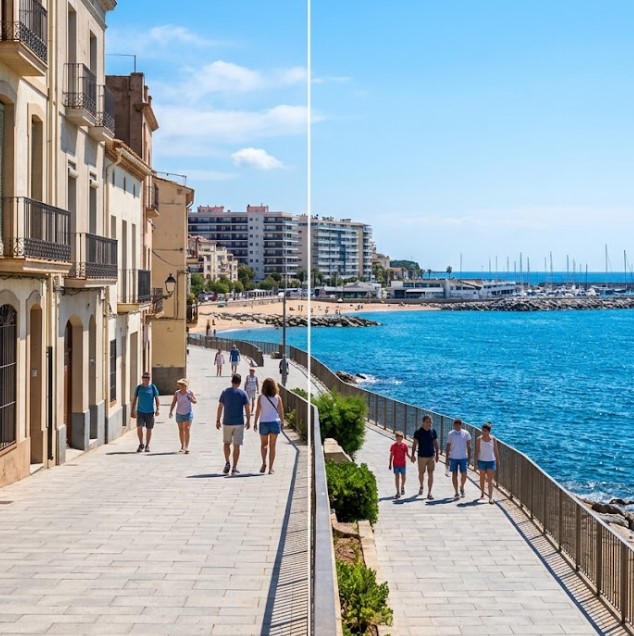 Vistas del paseo marítimo, el puerto deportivo y el entorno costero de Premià de Mar